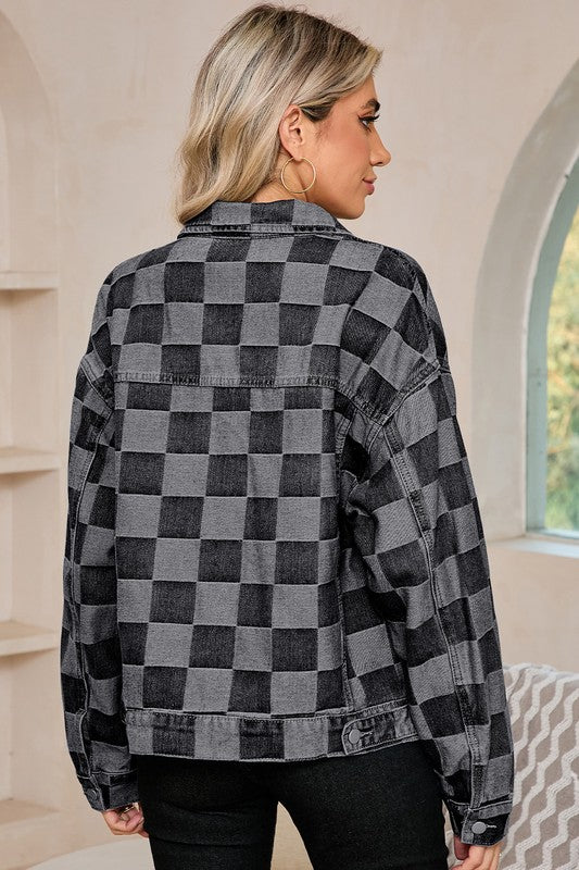 Women's Checkered Patchwork Denim Jacket