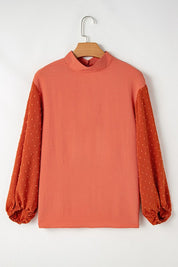 Women's Rust Orange Swiss Dot Balloon Sleeve Crinkle Blouse