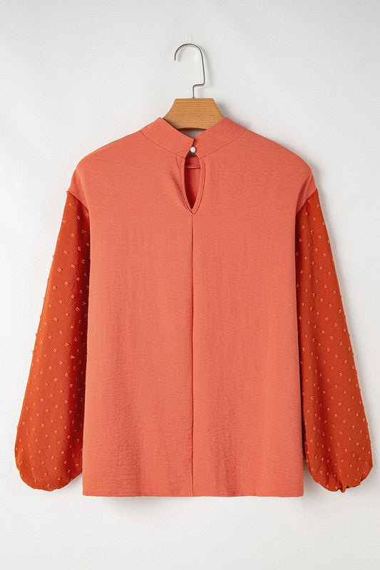 Women's Rust Orange Swiss Dot Balloon Sleeve Crinkle Blouse