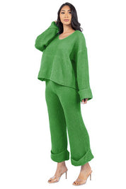 Women's V-Neck Bell Sleeve Sweater and Wide Leg Pants Set