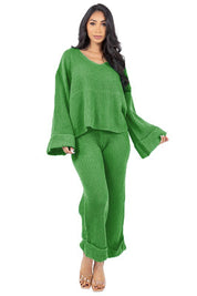Women's V-Neck Bell Sleeve Sweater and Wide Leg Pants Set