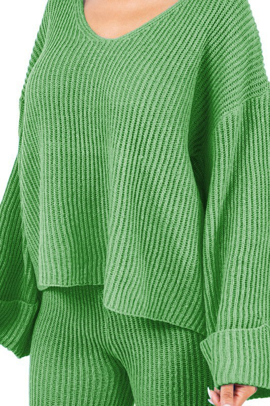 Women's V-Neck Bell Sleeve Sweater and Wide Leg Pants Set