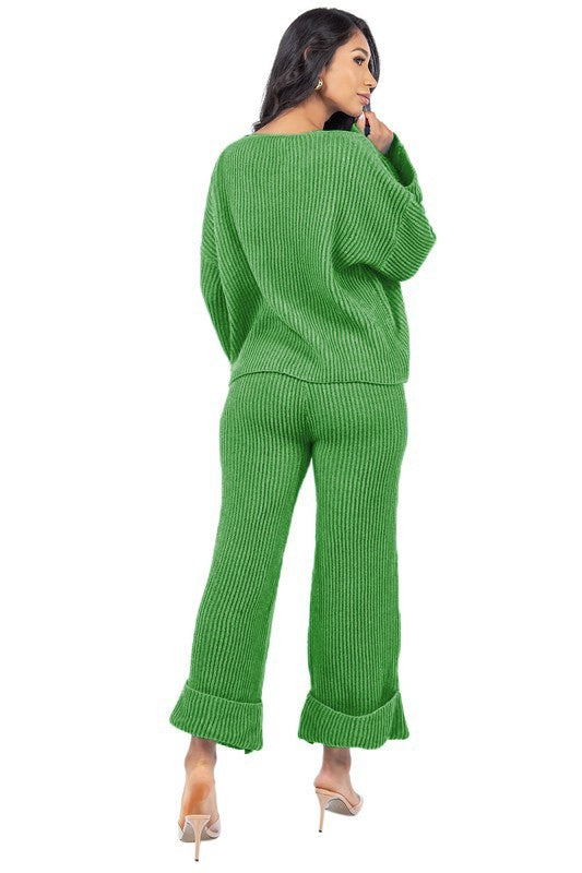 Women's V-Neck Bell Sleeve Sweater and Wide Leg Pants Set