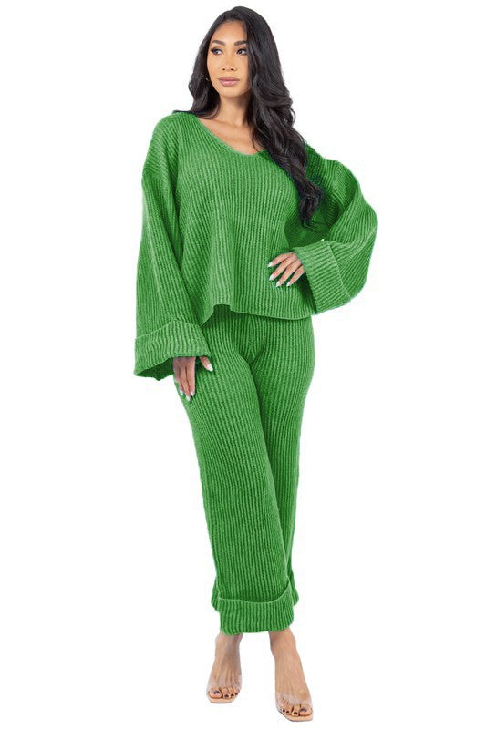 Women's V-Neck Bell Sleeve Sweater and Wide Leg Pants Set