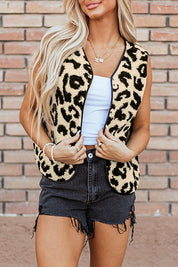 Women's Sleeveless Leopard Print Sherpa Vest Coat