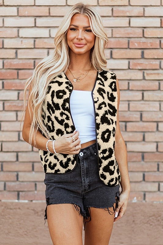 Women's Sleeveless Leopard Print Sherpa Vest Coat