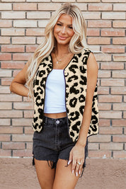 Women's Sleeveless Leopard Print Sherpa Vest Coat