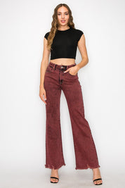 Women's High Rise Tummy Control Burgundy Flare Jeans