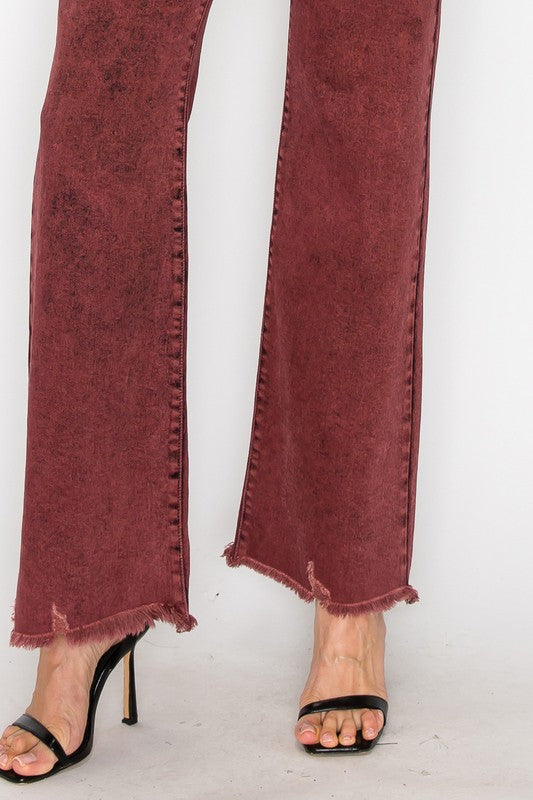 Women's High Rise Tummy Control Burgundy Flare Jeans