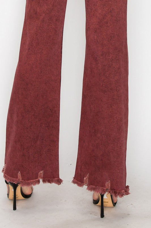 Women's High Rise Tummy Control Burgundy Flare Jeans