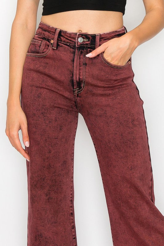 Women's High Rise Tummy Control Burgundy Flare Jeans