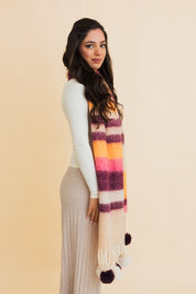 Women's Chunky Pom Tassel Scarf with Contrast Stripes