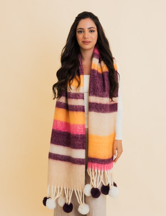 Women's Chunky Pom Tassel Scarf with Contrast Stripes