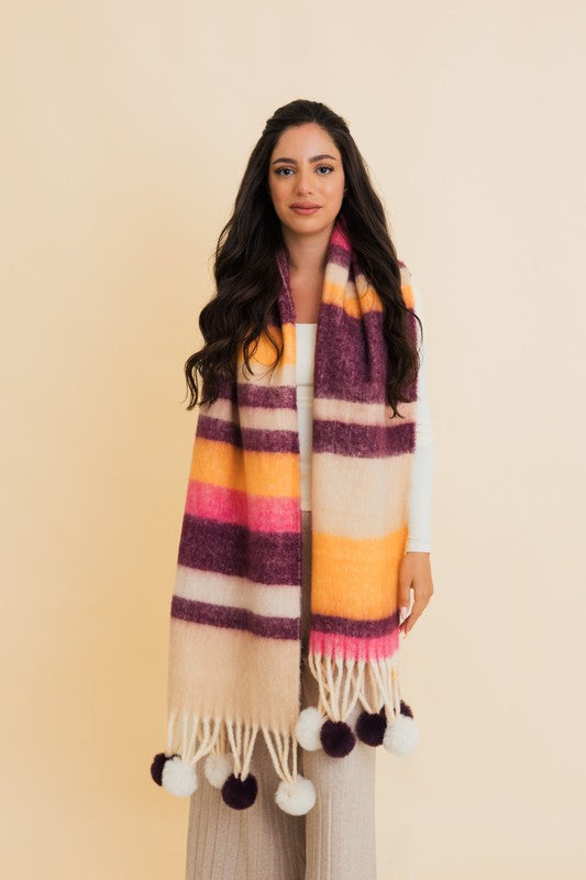 Women's Chunky Pom Tassel Scarf with Contrast Stripes