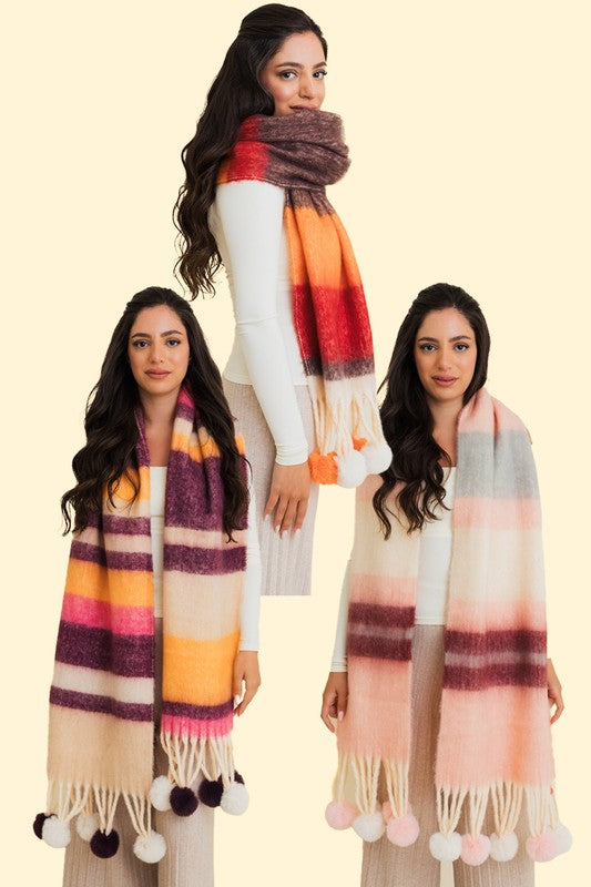 Women's Chunky Pom Tassel Scarf with Contrast Stripes