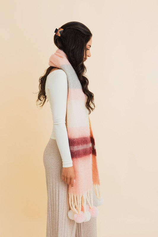 Women's Chunky Pom Tassel Scarf with Contrast Stripes