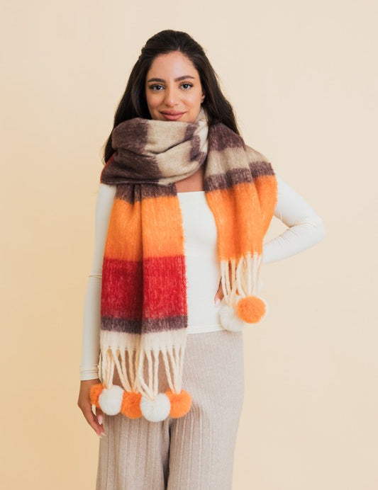 Women's Chunky Pom Tassel Scarf with Contrast Stripes