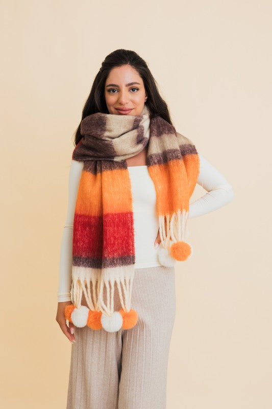 Women's Chunky Pom Tassel Scarf with Contrast Stripes