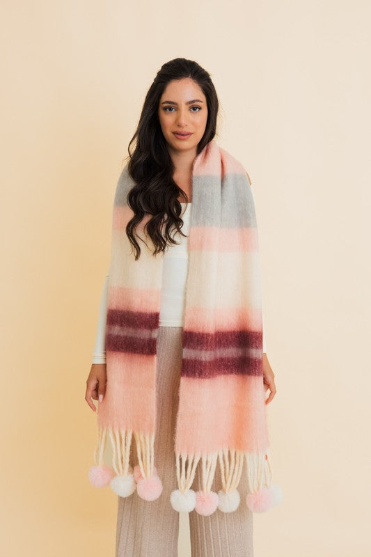 Women's Chunky Pom Tassel Scarf with Contrast Stripes