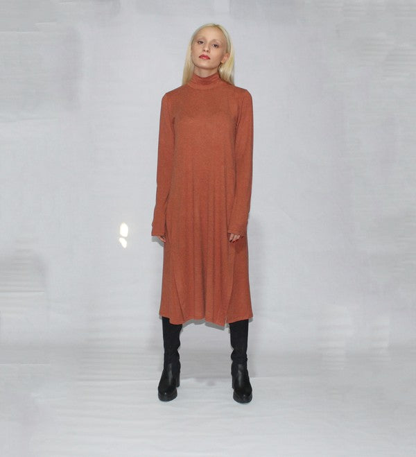 Women's Long Sleeve Turtle Neck Dress with Side Slits