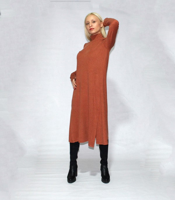 Women's Long Sleeve Turtle Neck Dress with Side Slits