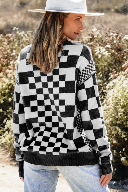 Checkered Drop Shoulder Round Neck Sweater