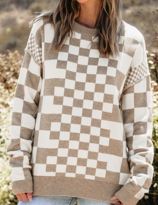 Checkered Drop Shoulder Round Neck Sweater