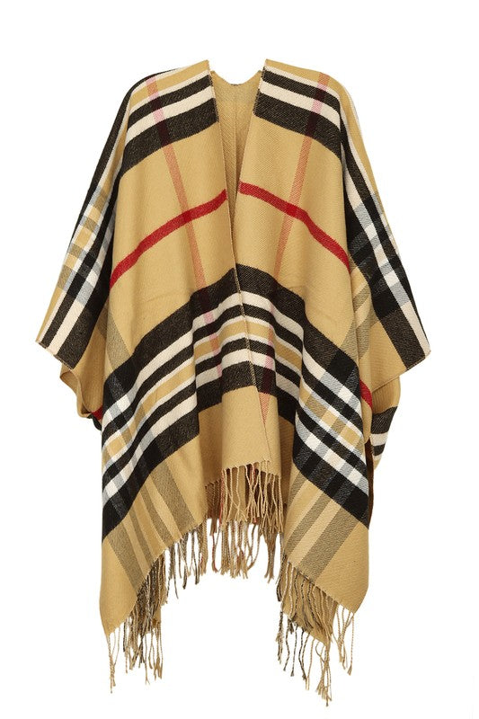 Women's Reversible Plaid Print Ruana with Fringe