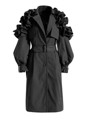 Women's Khaki Ruffle Sleeve Long Trench Coat