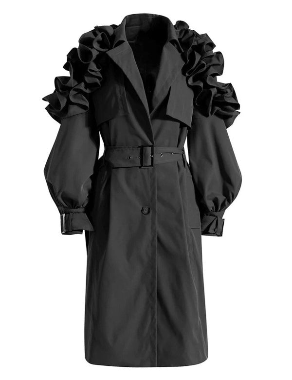 Women's Khaki Ruffle Sleeve Long Trench Coat