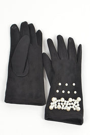 Women's Touch Screen Pearl Embellished Sueded Smart Gloves