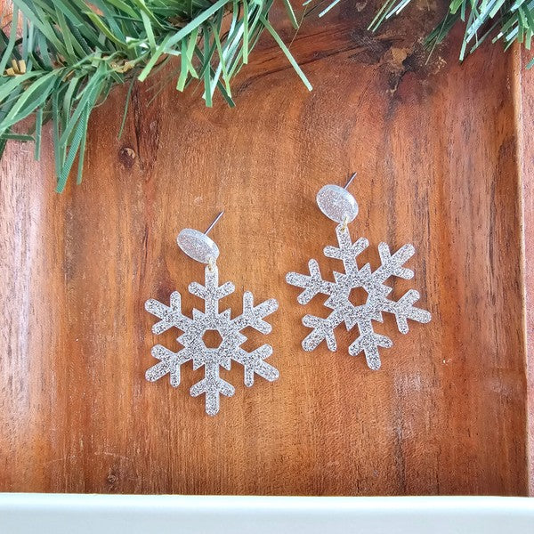 Women's Silver Glitter Snowflake Earrings