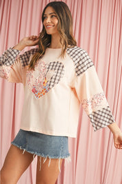 Women's Long Sleeve Plaid Floral Patchwork Top