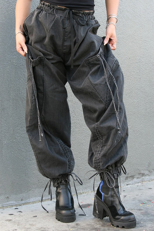 Women's Relaxed Fit Denim Cargo Pants with Drawstring