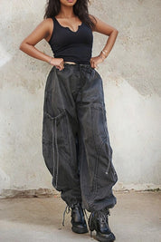 Women's Relaxed Fit Denim Cargo Pants with Drawstring