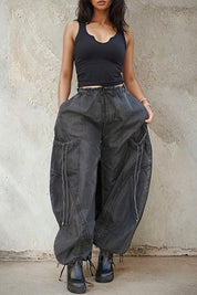 Women's Relaxed Fit Denim Cargo Pants with Drawstring