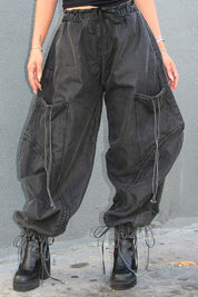 Women's Relaxed Fit Denim Cargo Pants with Drawstring