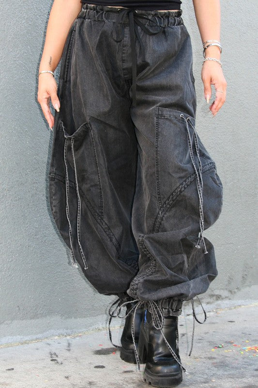 Women's Relaxed Fit Denim Cargo Pants with Drawstring