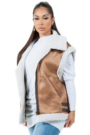 Women's Faux Shearling Trucker Vest with Zip Closure