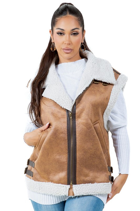 Women's Faux Shearling Trucker Vest with Zip Closure