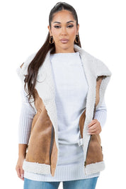 Women's Faux Shearling Trucker Vest with Zip Closure