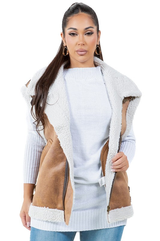 Women's Faux Shearling Trucker Vest with Zip Closure