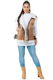 Women's Faux Shearling Trucker Vest with Zip Closure