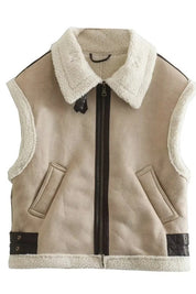 Women's Faux Shearling Trucker Vest with Zip Closure