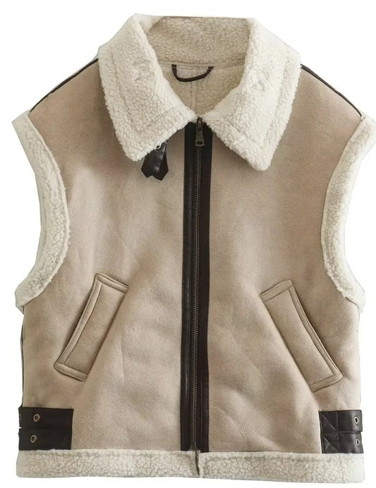 Women's Faux Shearling Trucker Vest with Zip Closure