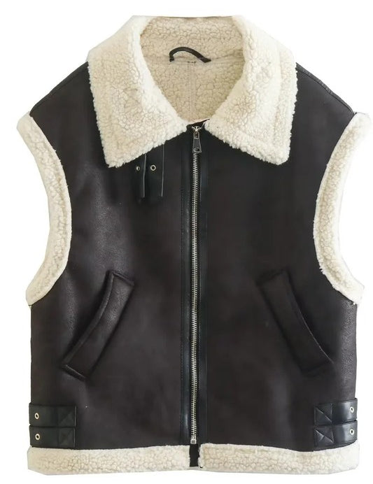 Women's Faux Shearling Trucker Vest with Zip Closure