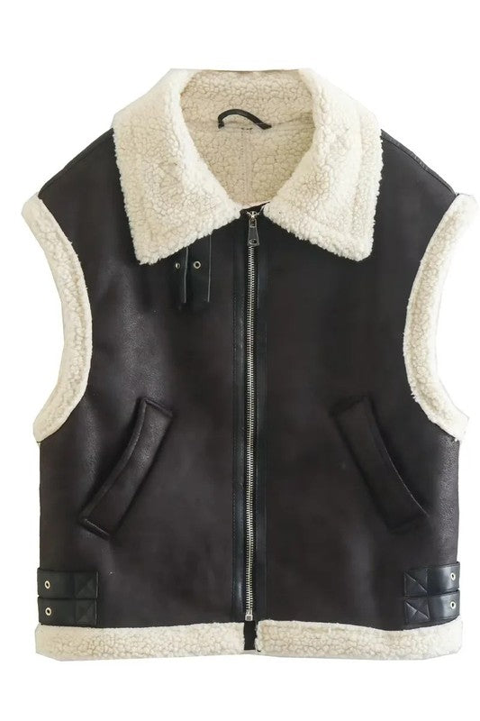 Women's Faux Shearling Trucker Vest with Zip Closure