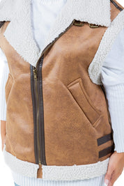 Women's Faux Shearling Trucker Vest with Zip Closure