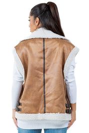 Women's Faux Shearling Trucker Vest with Zip Closure