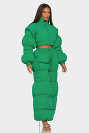 Women's Green Puffer Two-Piece Set